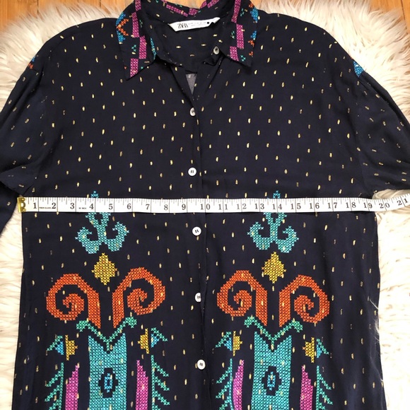 Zara Actez Tribal Geometric Metallic Long Sleeves Colorful Navy Shirtdress M - Picture 14 of 15